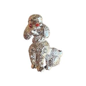 Vintage Poodle Brooch Pin Rhinestone Silver Tone Poodle Dog Brooch